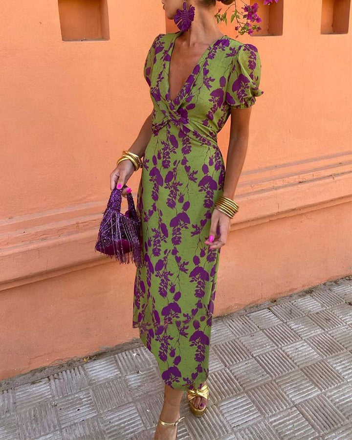 Green Dress Women Pleated | Floral Print and V Neck in Green#colour_green