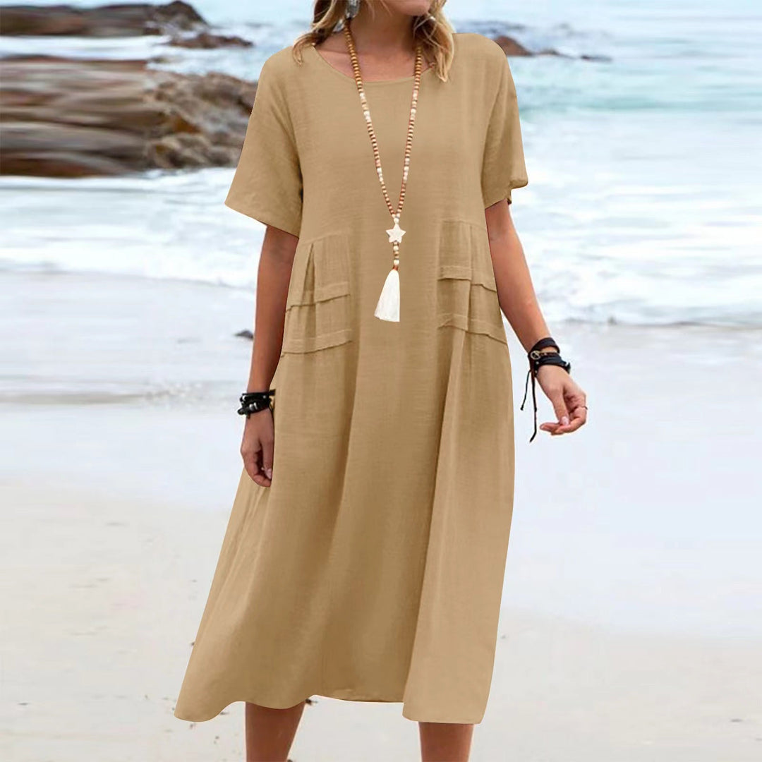 Summer Dresses Women Relaxed | Short Sleeves and Patch Pockets in Olive#colour_olive