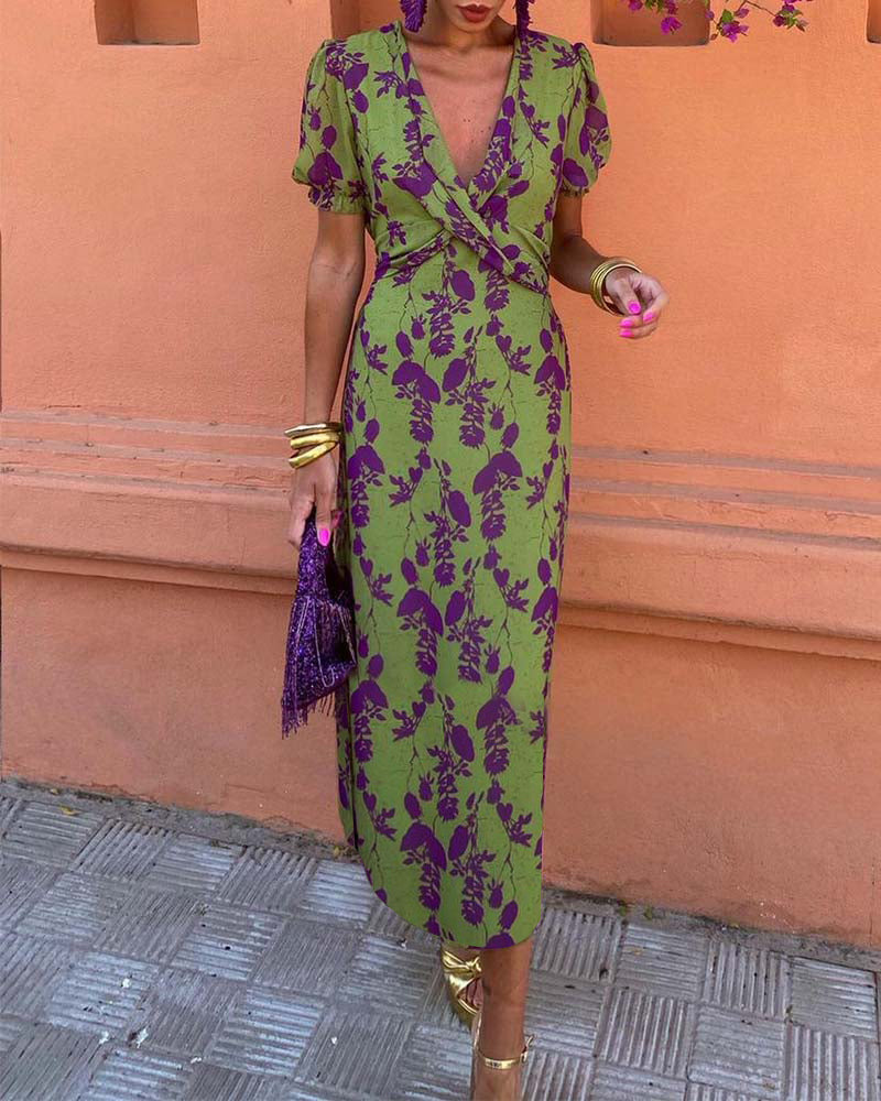 Green Dress Women Pleated | Floral Print and V Neck in Green#colour_green