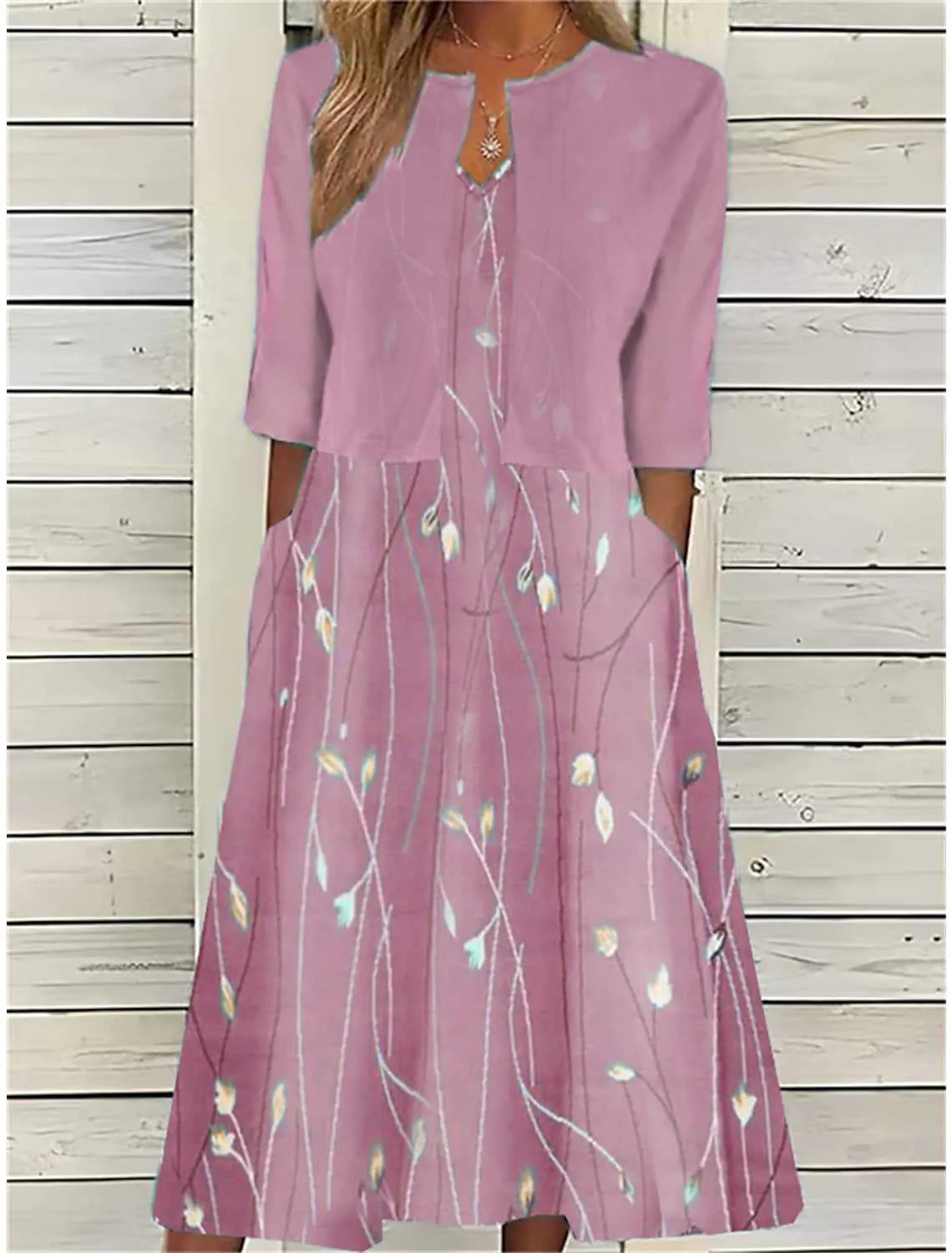 Longsleeve Dress Women with Midi Length in Pink#colour_pink