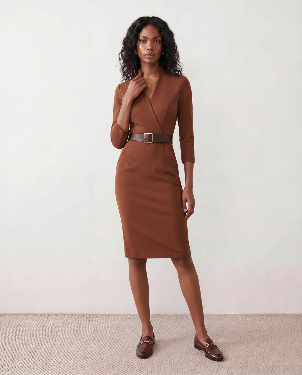 Brown Dress Women with Belted Waist in Brown#colour_brown