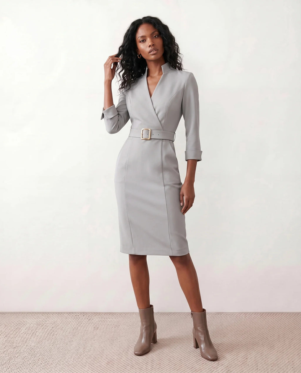 Brown Dress Women with Belted Waist in Grey#colour_grey