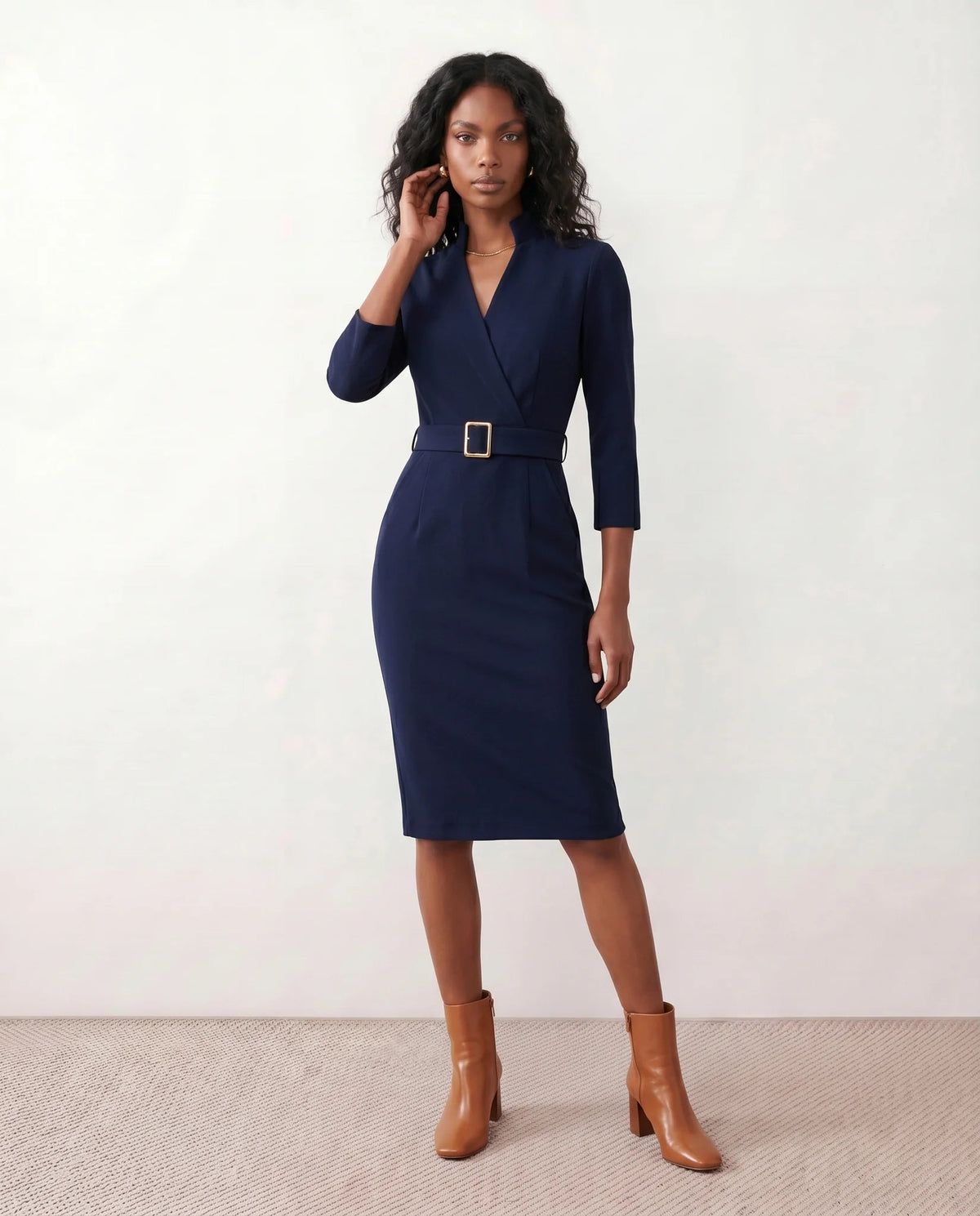 Brown Dress Women with Belted Waist in Navy#colour_navy