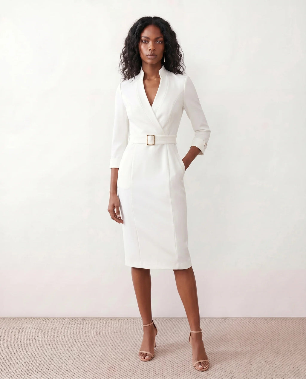 Brown Dress Women with Belted Waist in White#colour_white