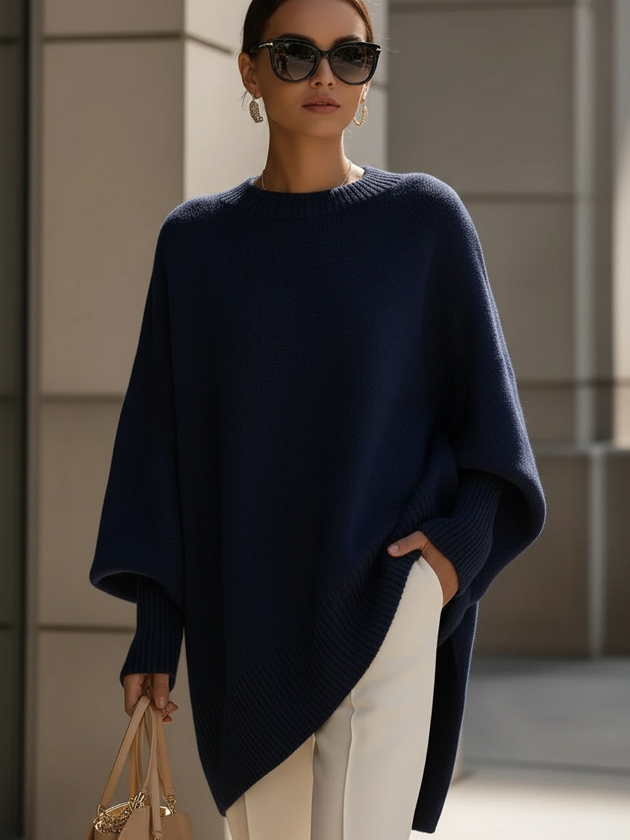 Poncho Women Oversized | Draped Shoulders and Ribbed Trim in Navy#colour_navy