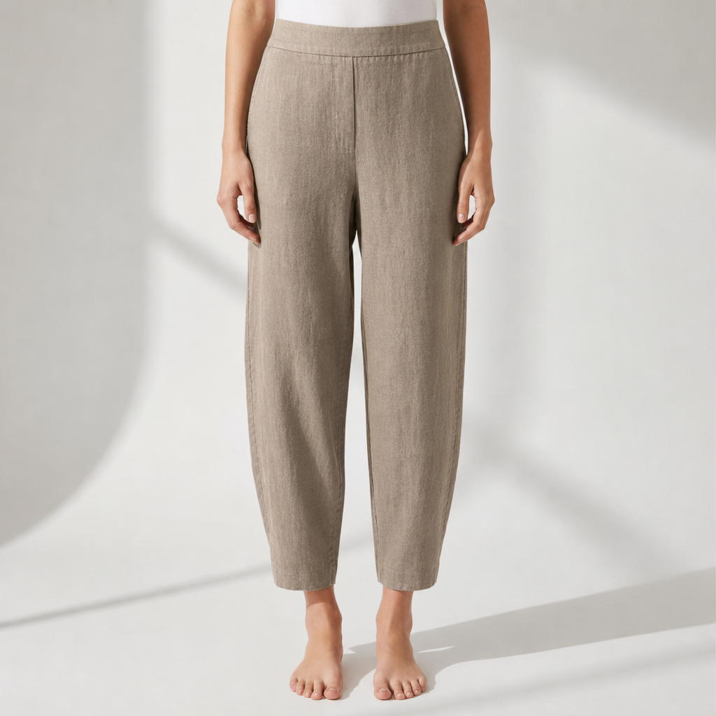 Dress Pants Women with Pure Linen Fabric and Slim Cut in Khaki#colour_khaki