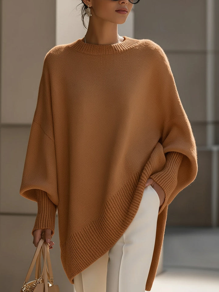 Poncho Women Oversized | Draped Shoulders and Ribbed Trim in Camel#colour_camel
