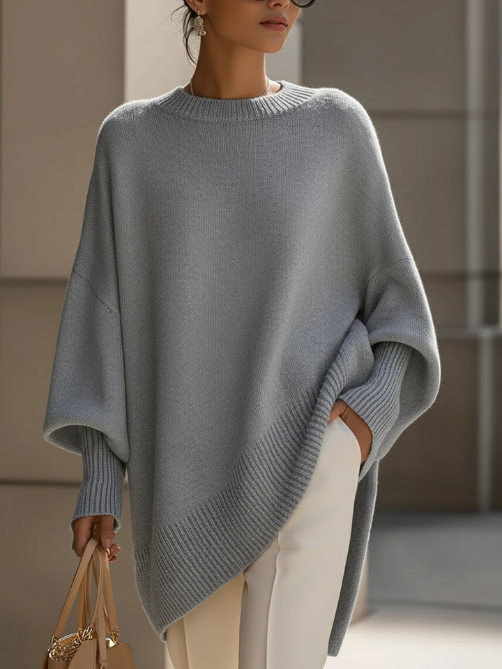 Poncho Women Oversized | Draped Shoulders and Ribbed Trim in Grey#colour_grey