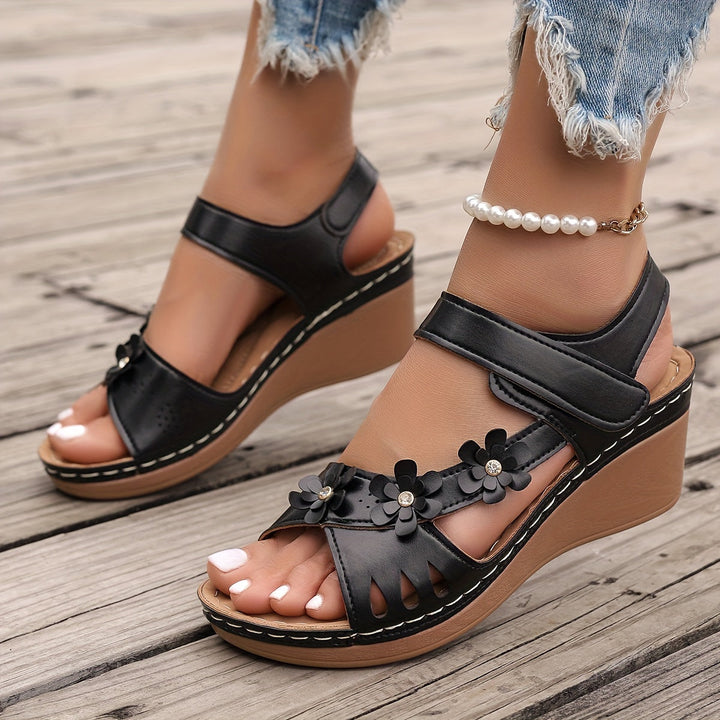 White Sandals Women with Floral Detail | Wedge Heel and Wide Straps in Black#colour_black
