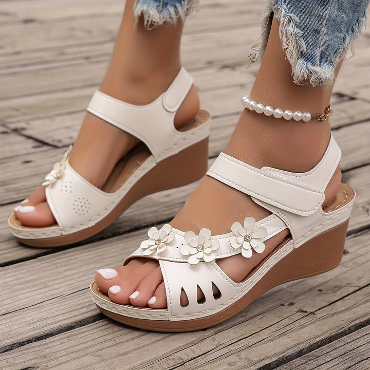 White Sandals Women with Floral Detail | Wedge Heel and Wide Straps in White#colour_white
