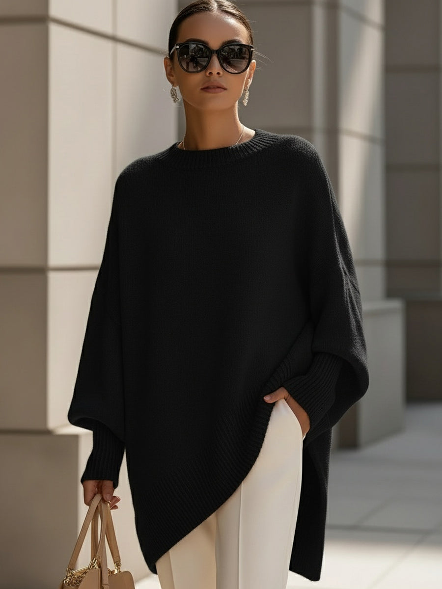 Poncho Women Oversized | Draped Shoulders and Ribbed Trim in Black#colour_black
