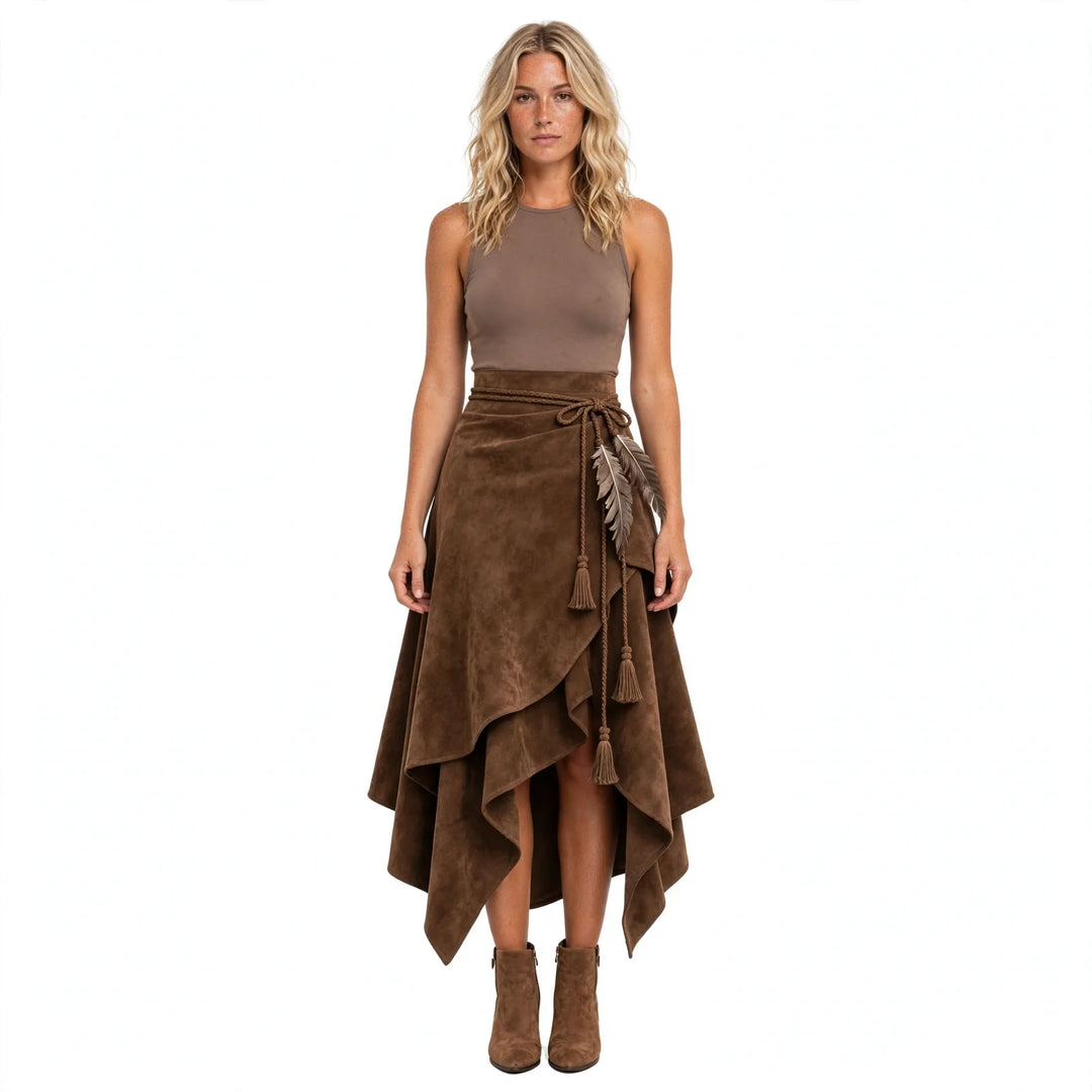 Maxi Skirts Women Wrap Front | Tassel Tie and Handkerchief Hem in Brown#colour_brown