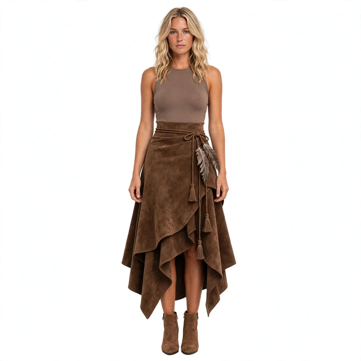 Maxi Skirts Women Wrap Front | Tassel Tie and Handkerchief Hem in Brown#colour_brown