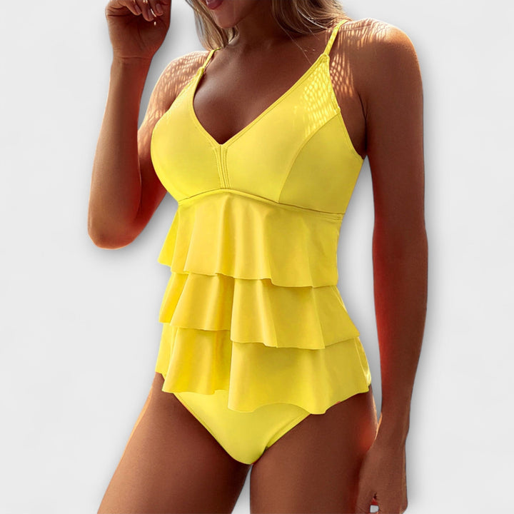 Swimsuits Women Layered Ruffle | Soft Stretch and Full Back in Yellow#colour_yellow
