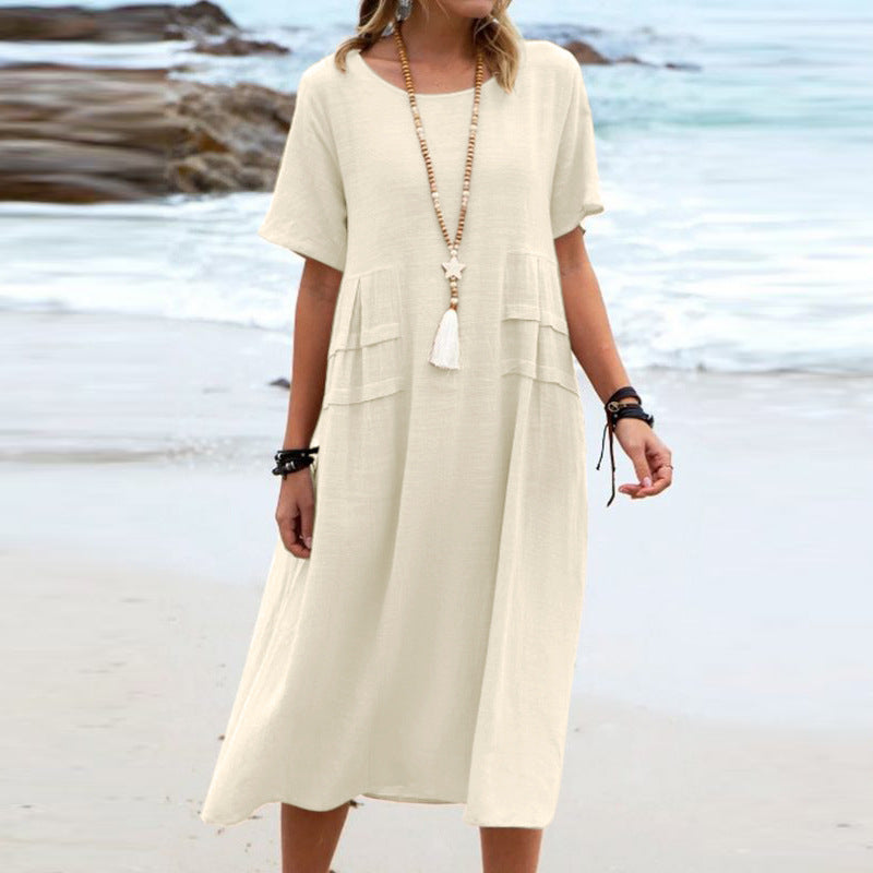 Summer Dresses Women Relaxed | Short Sleeves and Patch Pockets in Khaki#colour_khaki