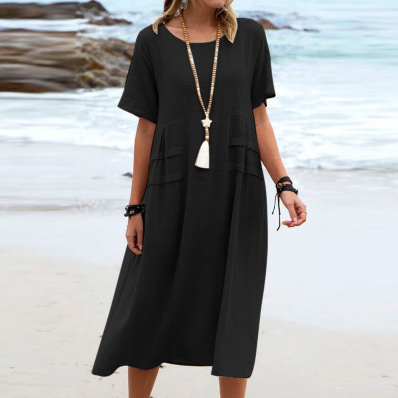 Summer Dresses Women Relaxed | Short Sleeves and Patch Pockets in Black#colour_black