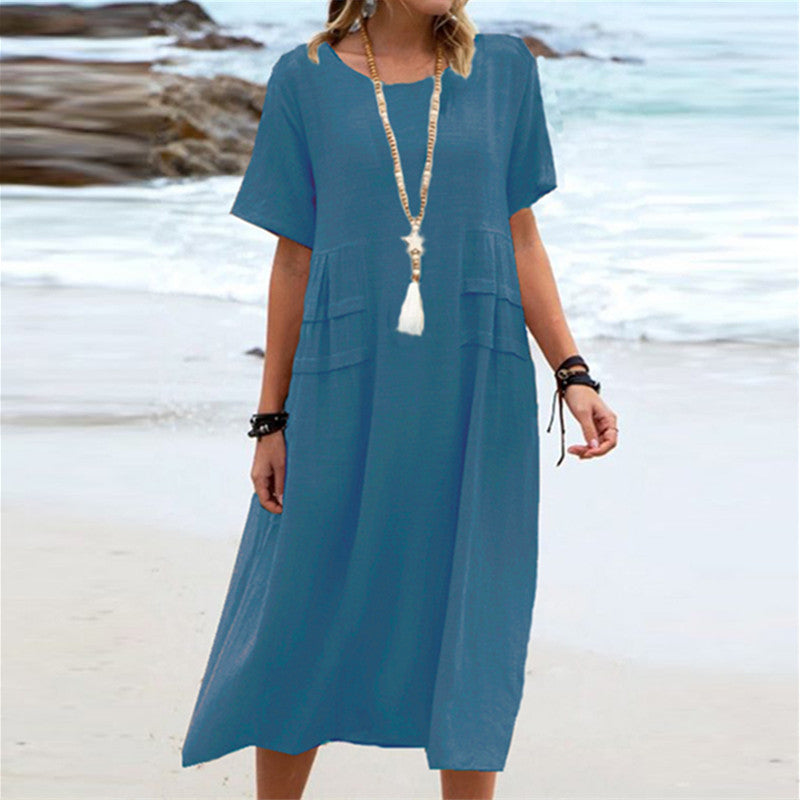 Summer Dresses Women Relaxed | Short Sleeves and Patch Pockets in Blue#colour_blue