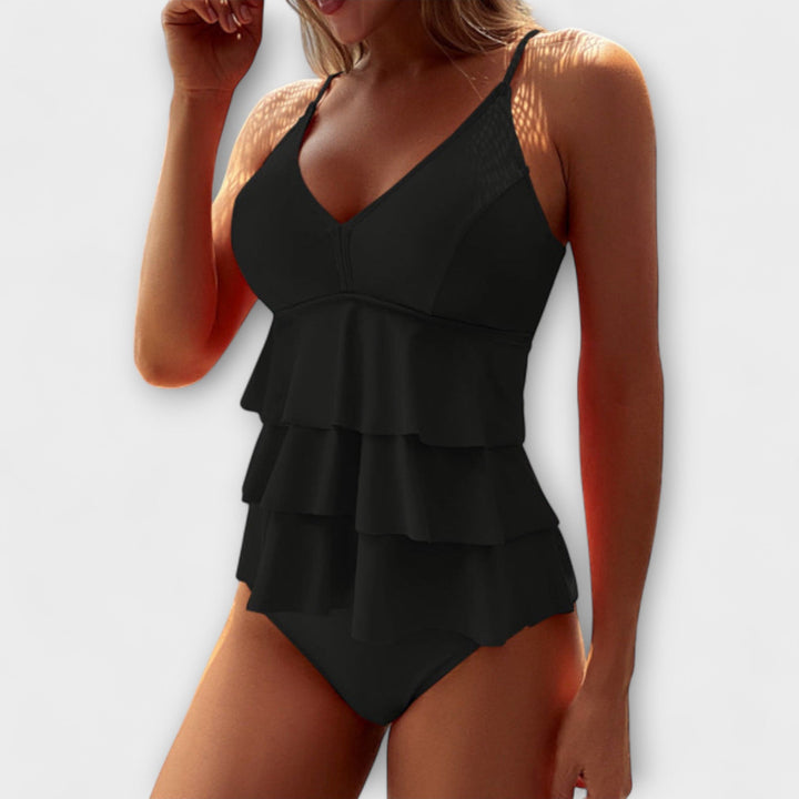 Swimsuits Women Layered Ruffle | Soft Stretch and Full Back in Black#colour_black