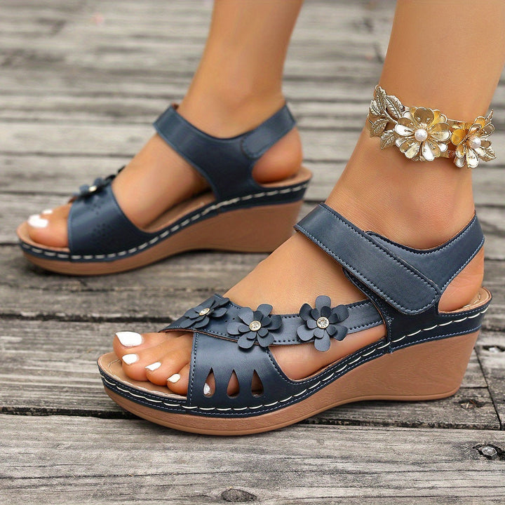 White Sandals Women with Floral Detail | Wedge Heel and Wide Straps in Navy#colour_navy