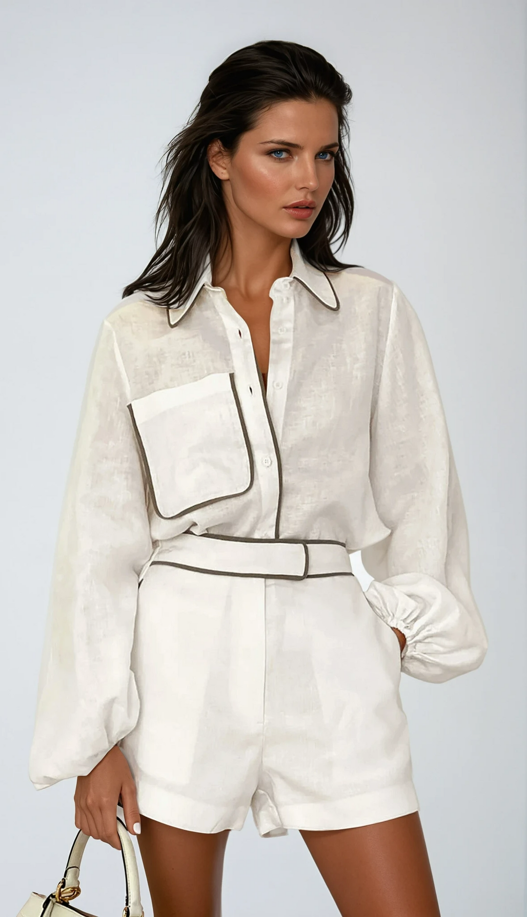 Linen Shorts Women with Contrast Trim | Matching Shirt and Elastic Waist in White#colour_white