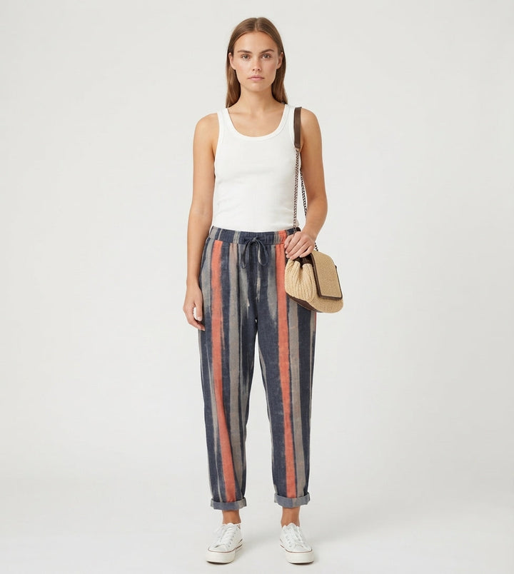 Linen Pants Women Striped | Elastic Waist and Straight Leg in Striped#colour_striped