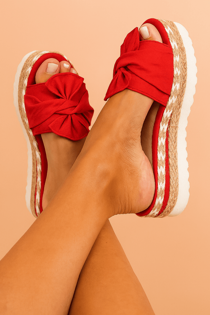 Platform Sandals Women with Bow | Slide Style and Braided Sole in Red#colour_red