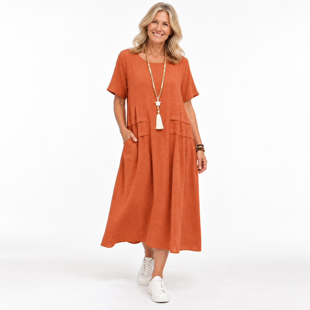 Summer Dresses Women Relaxed | Short Sleeves and Patch Pockets in Orange#colour_orange