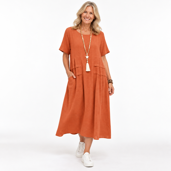 Summer Dresses Women Relaxed | Short Sleeves and Patch Pockets in Orange#colour_orange