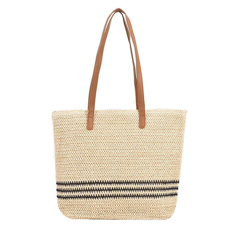 Beach Bag Women Roomy | Striped Weave and Twin Handles in Brown#colour_brown