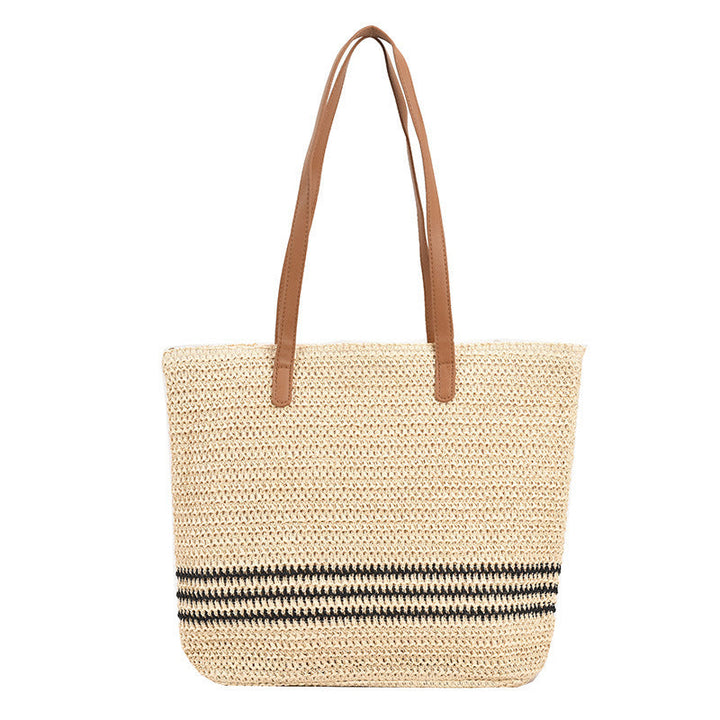 Beach Bag Women Roomy | Striped Weave and Twin Handles in Brown#colour_brown