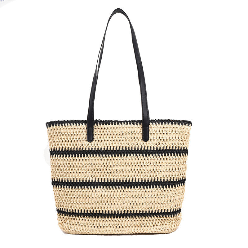 Beach Bag Women Roomy | Striped Weave and Twin Handles in Black#colour_black