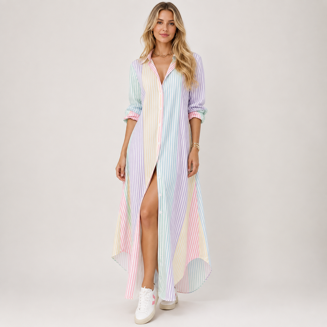 T Shirt Dress Women Colour Block | Striped Panels and Button Front in Multicolour#colour_multicolour