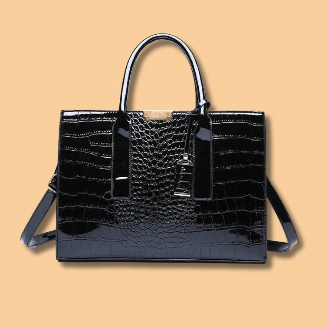 Leather Handbags Women Croc Embossed | Structured Shape and Strap in Black#colour_black