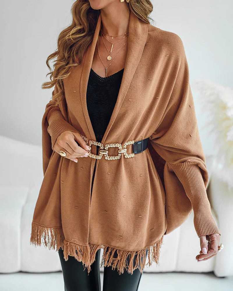 Poncho Women with Fringe | Open Front and Soft Weave in Camel#colour_camel