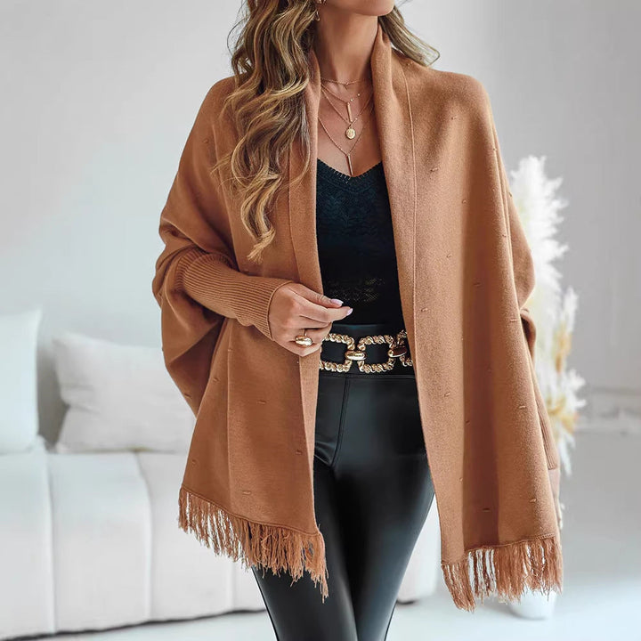 Poncho Women with Fringe | Open Front and Soft Weave in Camel#colour_camel