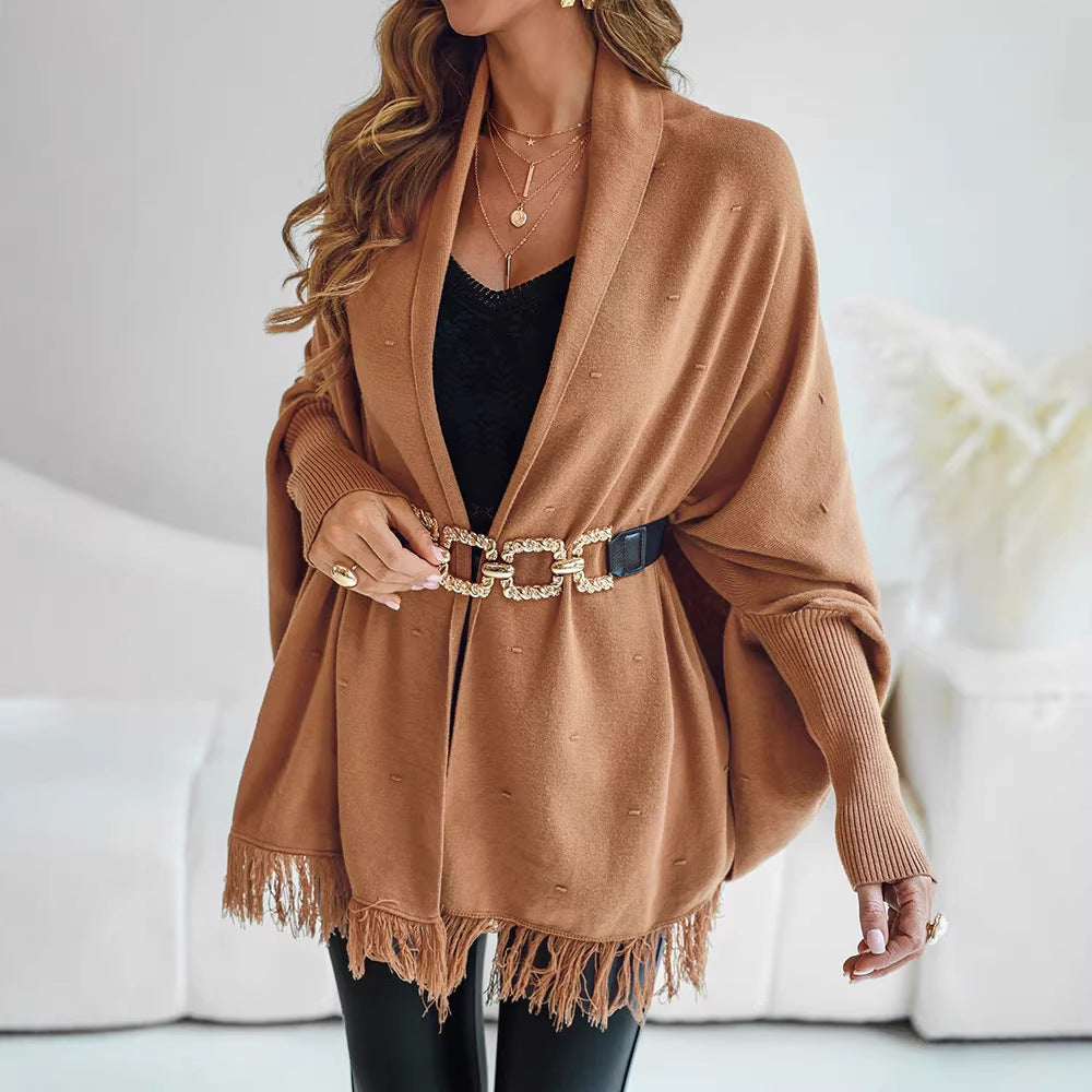 Poncho Women with Fringe | Open Front and Soft Weave in Camel#colour_camel