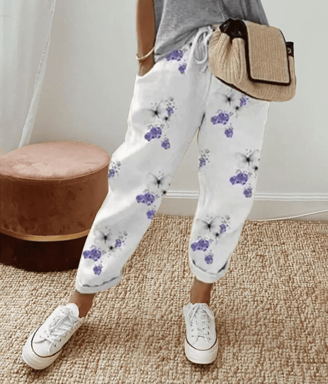 Linen Pants Women Striped | Elastic Waist and Straight Leg in Multicolour#colour_multicolour