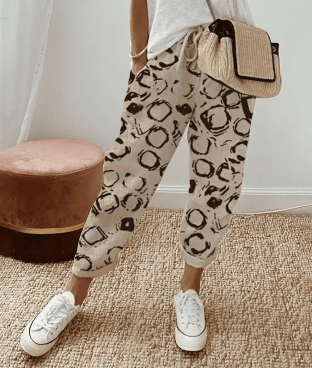 Linen Pants Women Striped | Elastic Waist and Straight Leg in Khaki#colour_khaki