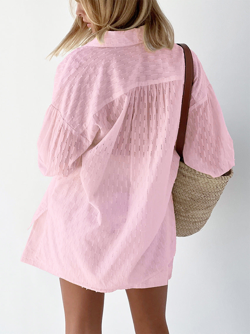 White Shirt Women Embroidered | Matching Shorts and Relaxed Cut in Pink#colour_pink