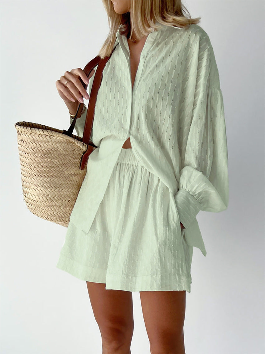 White Shirt Women Embroidered | Matching Shorts and Relaxed Cut in Green#colour_green