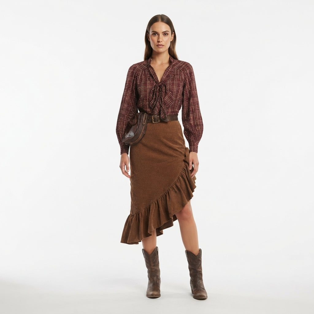 Midi Skirts Women Ruffled Hem | Wrap Front and Tie Fastening in Brown#colour_brown