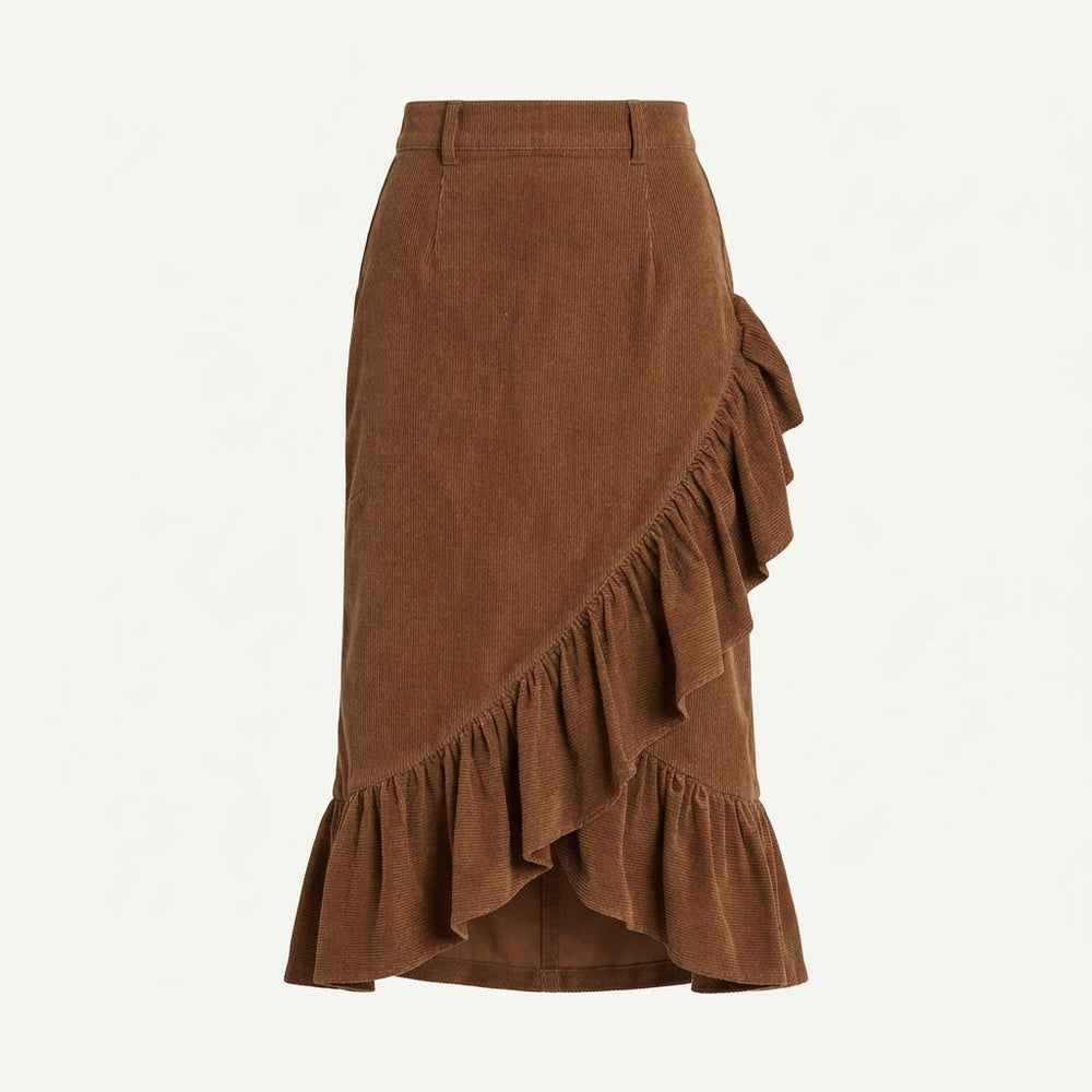 Midi Skirts Women Ruffled Hem | Wrap Front and Tie Fastening in Brown#colour_brown