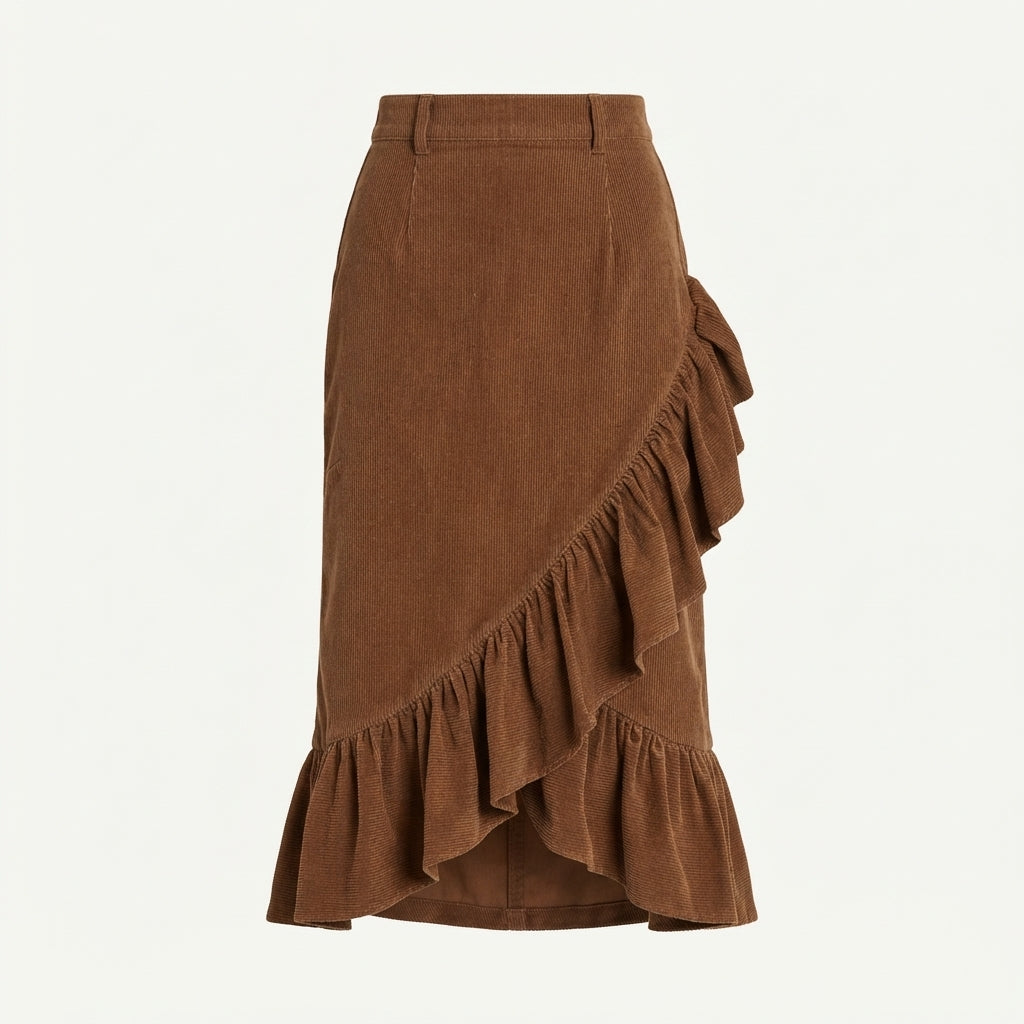 Midi Skirts Women Ruffled Hem | Wrap Front and Tie Fastening in Brown#colour_brown