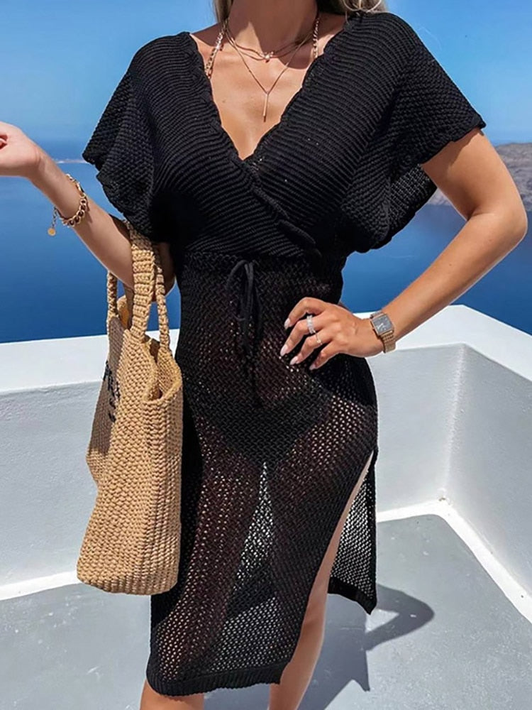 Sarong Women Crocheted | Open Knit and Relaxed Drape in Black#colour_black