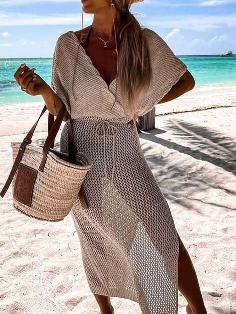 Sarong Women Crocheted | Open Knit and Relaxed Drape in Beige#colour_beige