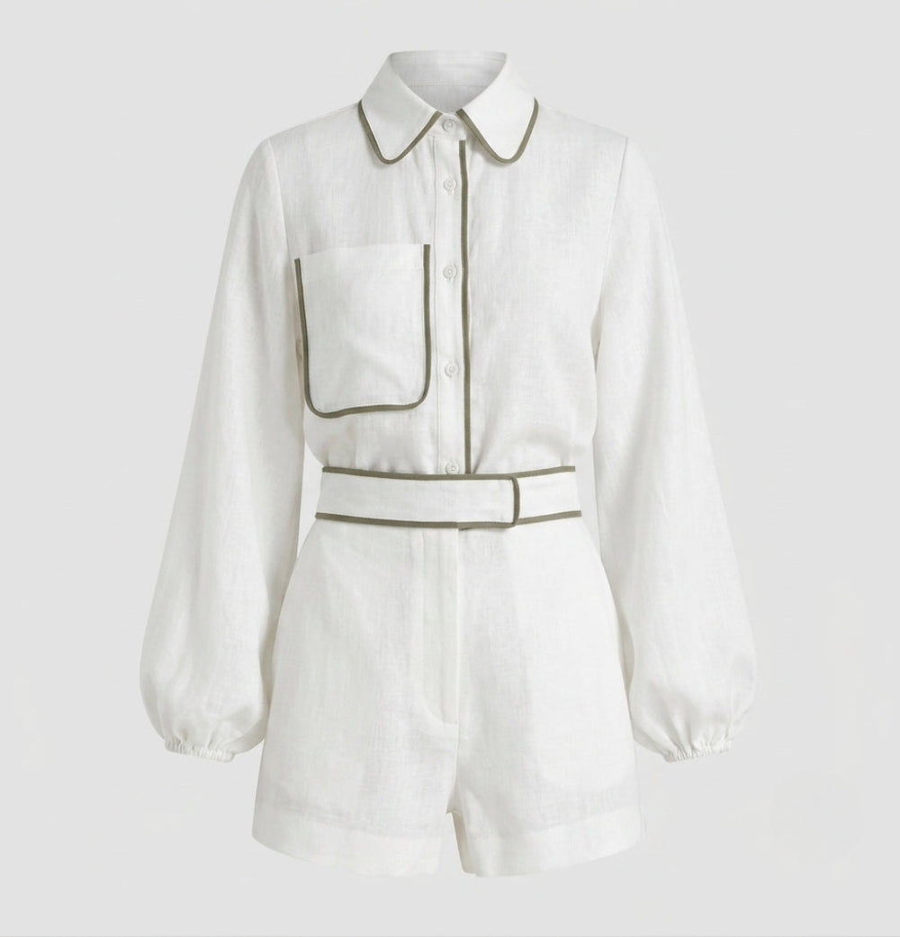 Linen Shorts Women with Contrast Trim | Matching Shirt and Elastic Waist in White#colour_white