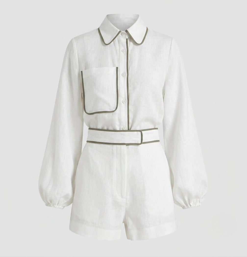 Linen Shorts Women with Contrast Trim | Matching Shirt and Elastic Waist in White#colour_white