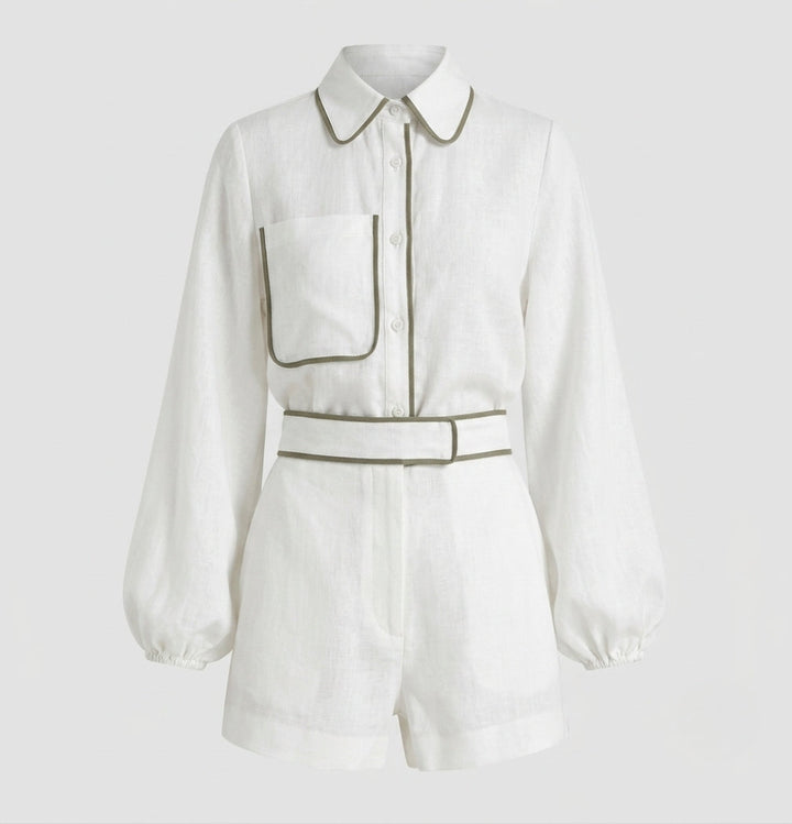 Linen Shorts Women with Contrast Trim | Matching Shirt and Elastic Waist in White#colour_white