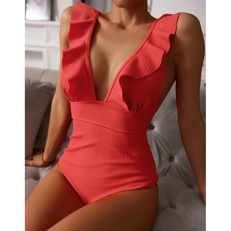 Swim Women Boho Print | One Piece with Ruffle Trim in Orange#colour_orange