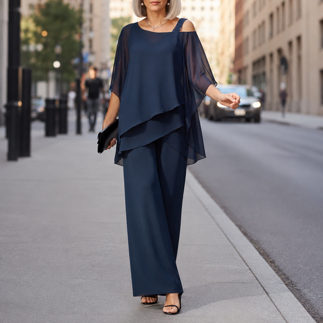 Linen Pantsuit Women with Overlay | Wide Leg and Draped Top in Navy#colour_navy